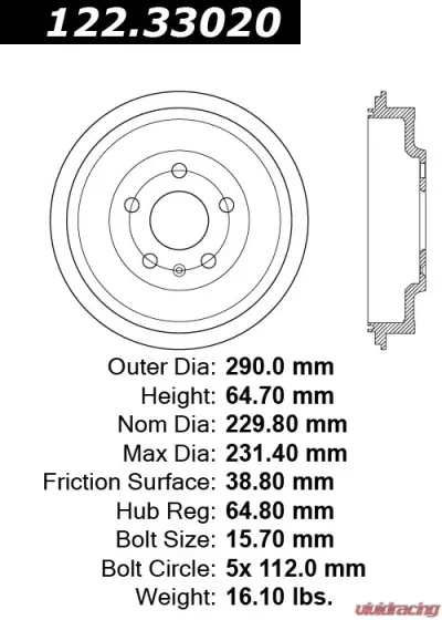 Centric Premium Brake Drum 122.33020 - 122.33020