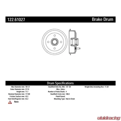 Centric Premium Brake Drum 122.61027 - 122.61027