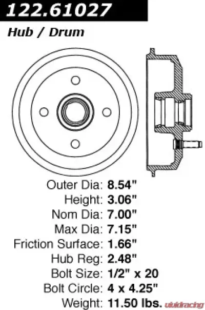 Centric Premium Brake Drum 122.61027 - 122.61027
