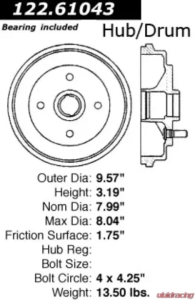 Centric Premium Brake Drum with Bearing 122.61043 - 122.61043