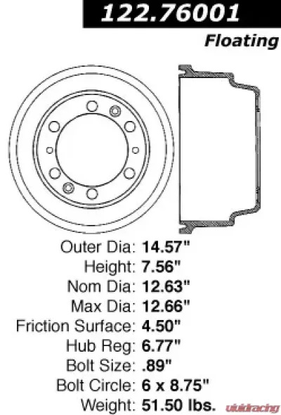 Centric Premium Brake Drum 122.76001 - 122.76001