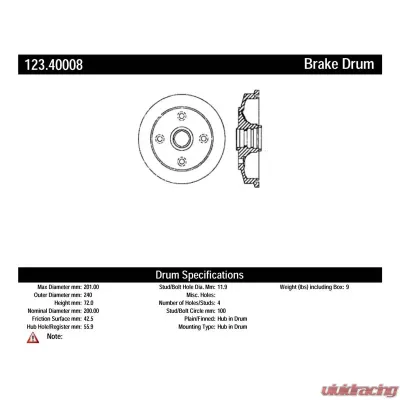 Centric C-Tek Standard Brake Drum 123.40008 - 123.40008