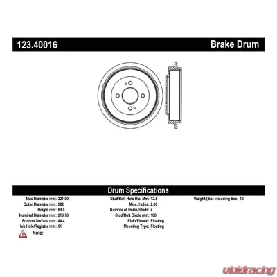 Centric C-Tek Standard Brake Drum 123.40016 - 123.40016