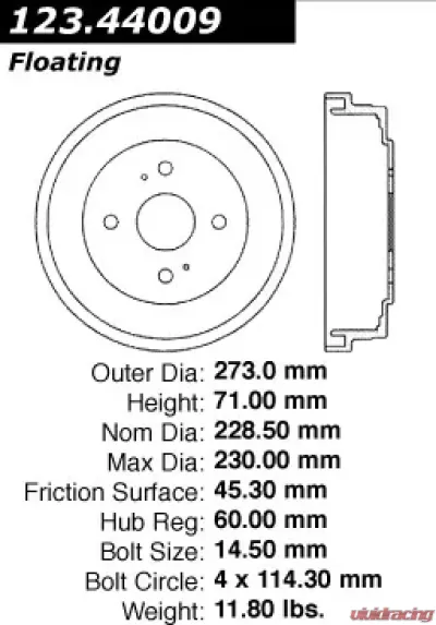 Centric C-Tek Standard Brake Drum 123.44009 - 123.44009