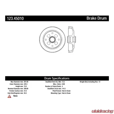 Centric C-Tek Standard Brake Drum 123.45010 - 123.45010