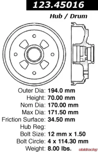 Centric C-Tek Standard Brake Drum 123.45016 - 123.45016