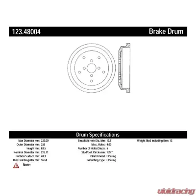 Centric C-Tek Standard Brake Drum 123.48004 - 123.48004