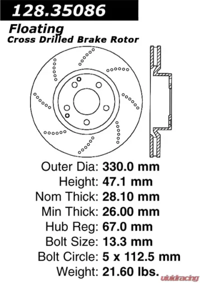 Centric Premium OE Style Drilled  Brake Rotor 128.35086 - 128.35086