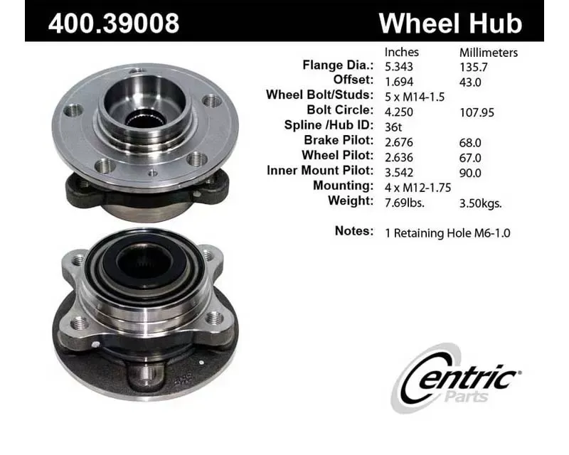 Centric Premium Hub and Bearing Assembly without ABS 400.39008 - 400.39008