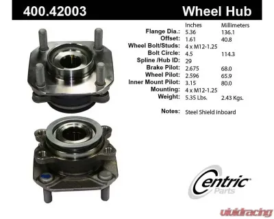 Centric Premium Hub and Bearing Assembly without ABS 400.42003 - 400.42003