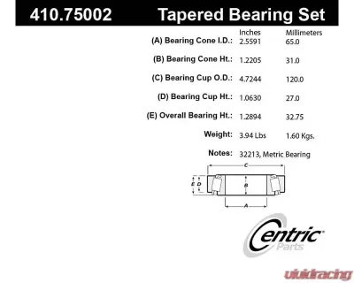 Centric C-Tek Standard Wheel Bearing and Race Set 410.75002E - 410.75002E