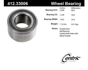 Centric Premium Double Row Wheel Bearing 412.33006
