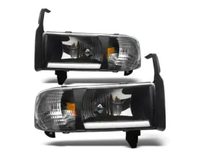 Winjet Black Clear LED Bar DRL Head Lights Without Sport Package Dodge Ram 1500 | 2500 | 3500 1994-2002