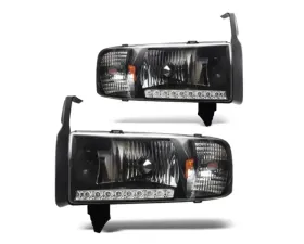 Winjet Black Clear LED DRL Head Lights Without Sport Package Dodge Ram 1500 | 2500 | 3500 1994-2002