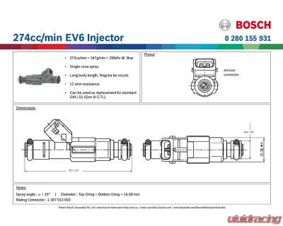 Bosch 274cc/min High Impedance EV6 Fuel Injector - Standard Length (60mm) - 0280155931