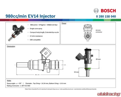 Bosch 980cc/min High Impedance EV14 Fuel Injector Short Style Extended Tip - 0280158040