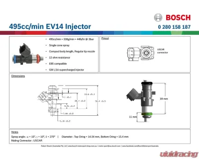 Bosch 495cc/min High Impedance EV14 Fuel Injector EV6 USCAR - Short 35mm - 0280158187