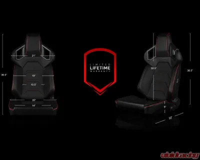 Braum Racing Alpha X Series Sport Seats (Pair) - Black Leatherette w/ Red Stitching - Low Base Version - BRR5-BKRS