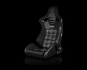 Braum Racing Elite-S Series Sport Seats (Pair) - Black Leatherette|Grey Plaid w/ Grey Stitching