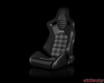 Braum Racing Elite-S Series Sport Seats (Pair) - Black Leatherette|Grey Plaid w/ Grey Stitching - BRR1S-GYPF