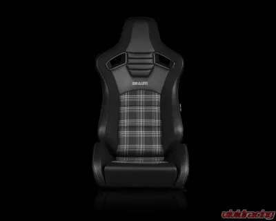 Braum Racing Elite-S Series Sport Seats (Pair) - Black Leatherette|Grey Plaid w/ Grey Stitching - BRR1S-GYPF