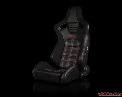 Braum Racing Elite-S Series Sport Seats (Pair) - Black Leatherette|Red Plaid w/ Red Stitching - BRR1S-RDPF