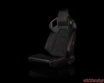 Braum Racing Alpha X Series Sport Seats (Pair) - Black Leatherette w/ Red Stitching - Low Base Version - BRR5-BKRS