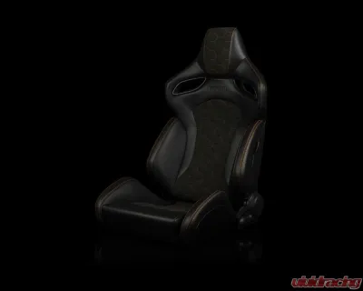 Braum Racing Orue-S Series Sport Reclinable Seats (Pair) - Black Leatherette|Honeycomb Alcantara w/ Orange Stitching - BRR6S-HXOS