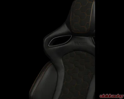 Braum Racing Orue-S Series Sport Reclinable Seats (Pair) - Black Leatherette|Honeycomb Alcantara w/ Orange Stitching - BRR6S-HXOS