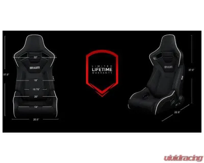 Braum Racing Elite-R Series Sport Reclinable Seats Black Cloth|White Trim (Pair) - BRR1R-BFWP