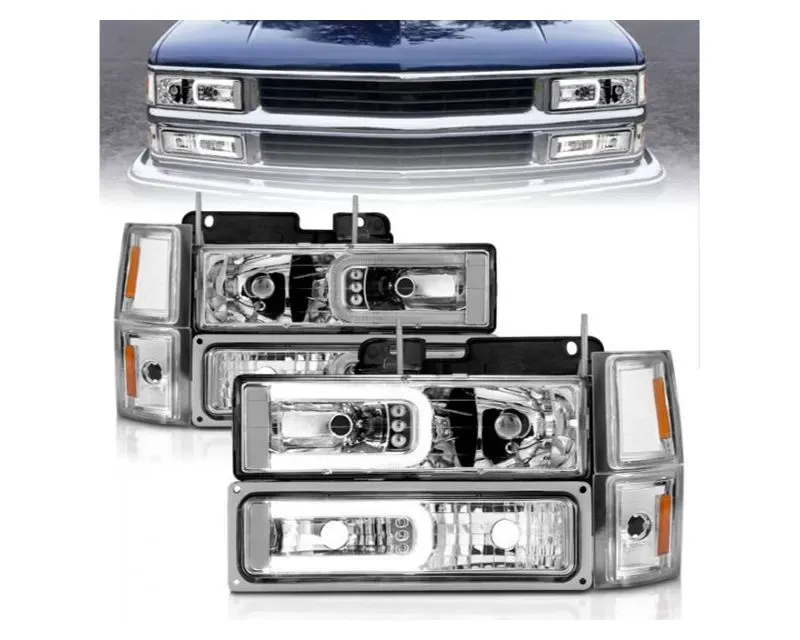 Anzo USA Crystal Headlights w/Light Bar Chrome Housing w/ Signal Side Markers (8Pcs) Chevrolet Blazer|C1500|C2500|C3500|Tahoe 1994-1998 - 111529