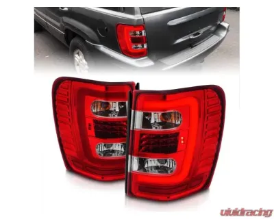 Anzo USA LED Tail Lights w/ Light Bar Chrome Housing Red/Clear Lens Jeep Grand Cherokee 1999-2004 - 311396
