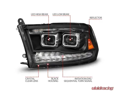 ANZO USA Full LED Projector Plank Style Black Headlights w/ Initiation & Sequential Signal Dodge Ram 1500 | 2500 | 3500 2009-2018 - 111595