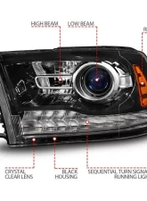 ANZO USA Gloss Black Clear Lens Projector Headlights w/ Sequential Signal Dodge Ram 1500 | 2500 | 3500 2009-2018                                     - 111608 - Image 3
