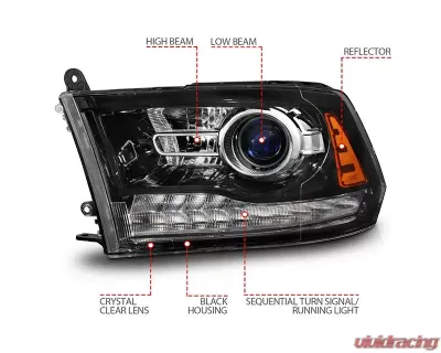 ANZO USA Gloss Black Clear Lens Projector Headlights w/ Sequential Signal Dodge Ram 1500 | 2500 | 3500 2009-2018 - 111608