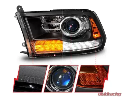 ANZO USA Matte Black Clear Lens Projector Headlights w/ Sequential Signal Dodge Ram 1500 | 2500 | 3500 2009-2018 - 111609
