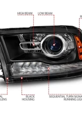 ANZO USA Matte Black Clear Lens Projector Headlights w/ Sequential Signal Dodge Ram 1500 | 2500 | 3500 2009-2018                                     - 111609 - Image 3