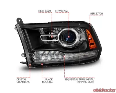 ANZO USA Matte Black Clear Lens Projector Headlights w/ Sequential Signal Dodge Ram 1500 | 2500 | 3500 2009-2018 - 111609