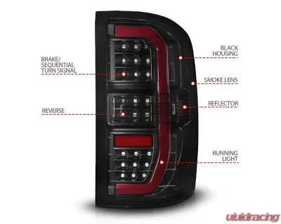 ANZO USA Black Smoke Lens Full LED C Bar Style Tail Lights w/ Sequential Signal GMC Sierra 1500 | 2500HD | 3500HD 2015-2019 - 311465