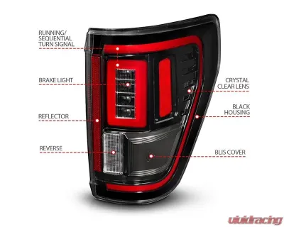 ANZO USA Halogen Model w/out Blis & Led Model w/ Blis System Black Housing Clear Lens Full LED Tail Lights w/ Initiation & Sequential Ford F-150 2021-2023 - 311473