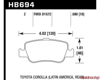 Hawk Performance PC Toyota Corolla Rear 2009-2010 2.4L 4-Cyl - HB694Z.580