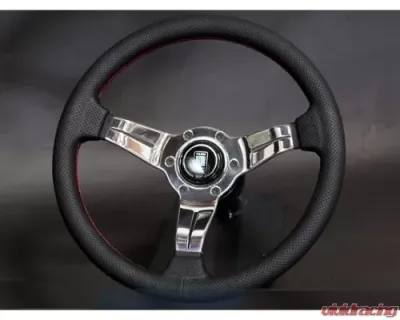 Nardi 330mm Black Leather Perforated Sport Rally or Deep Corn w/ Polish Spokes, Red Stitching & Polish Horn Steering Wheel - NRD-6069-33-3093