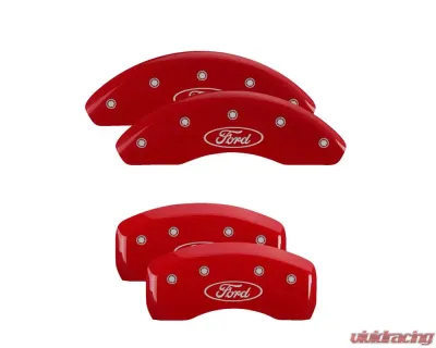 MGP Caliper Covers Set of 4 Red Finish | Silver Ford Oval Logo Ford - 10216SFRDRD