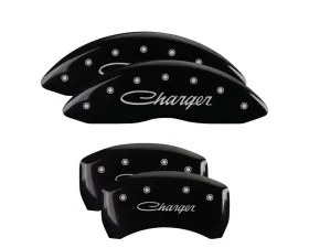 MGP Caliper Covers Set of 4 Black Finish with Silver Charger Cursive for Dodge 2011-2019