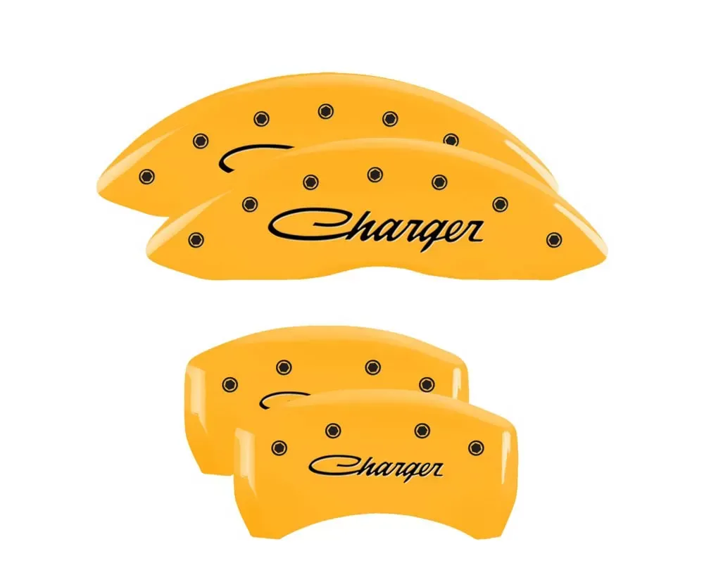 MGP Caliper Covers Set of 4 Yellow Finish | Black Charger Cursive Dodge 2011-2019 - 12181SCHSYL
