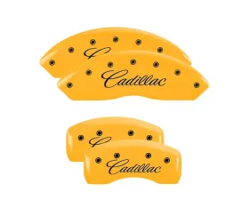MGP Caliper Covers Set of 4 Yellow Finish | Black Cadillac Cursive Cadillac