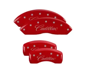MGP Caliper Covers Set of 4 Red Finish | Silver Cadillac Cursive Cadillac