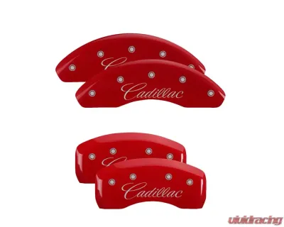MGP Caliper Covers Set of 4 Red Finish for 2014 Cadillac ELR, Silver Cursive Graphics - 35021SCADRD