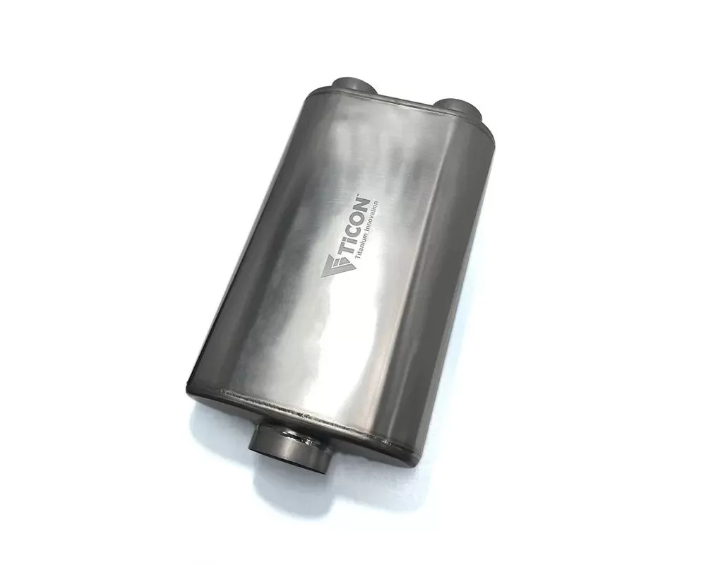 Ticon Industries 17in OAL 3in Thin Oval Matte Finish Titanium Muffler - 3in Center In/2.5in Dual Out - 116-07623-0220
