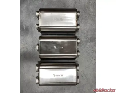 Ticon Industries 17in OAL 3in Thin Oval Matte Finish Titanium Muffler - 3in Center In/2.5in Dual Out - 116-07623-0220